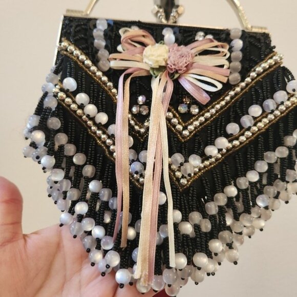 Beaded Handbag Black & White Clutch Purse No Strap - Picture 5 of 13